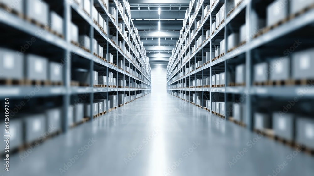 Modern warehouse aisle with boxes, Symmetrical view of storage racks, Concept for inventory management or distribution center