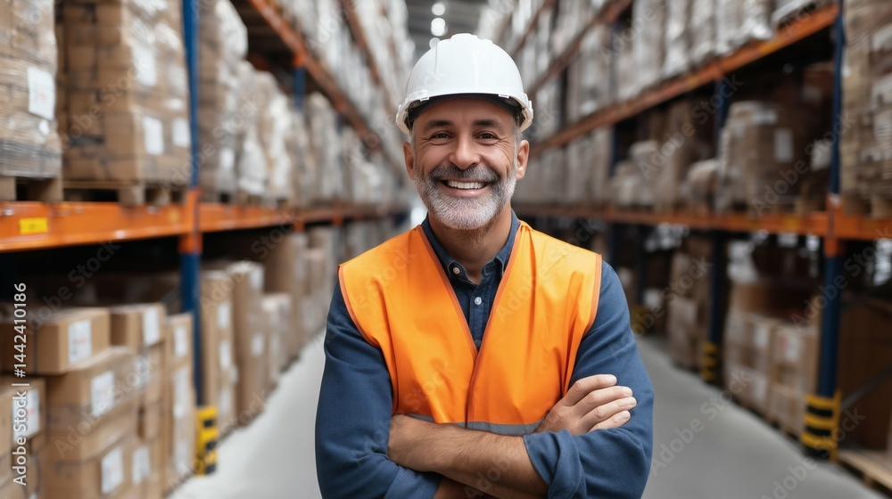 Smiling man in warehouse with safety vest, Happy worker with hard hat in storage, Concept for logistics, fulfillment or industrial work
