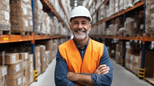 Obraz na płótnie Smiling man in warehouse with safety vest, Happy worker with hard hat in storage, Concept for logistics, fulfillment or industrial work w salonie