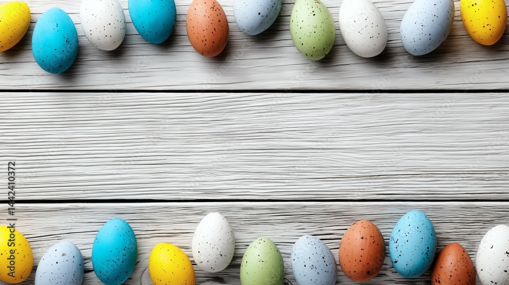 Speckled eggs on white wood background, Colorful Easter eggs border, Spring holiday template with copy space