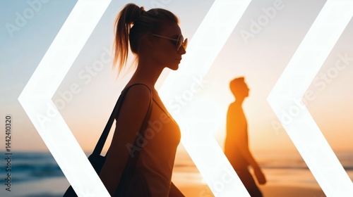 Stylish woman walking at sunset beach, Creative overlay with arrow shapes, Concept image for travel, fashion or future direction themes