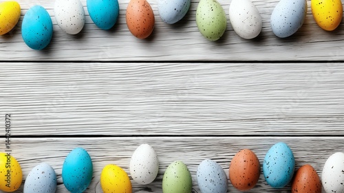 Obraz na płótnie Speckled eggs on white wood background, Colorful Easter eggs border, Spring holiday template with copy space w salonie