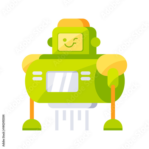 Cute green robot hovering and winking with propulsion jets