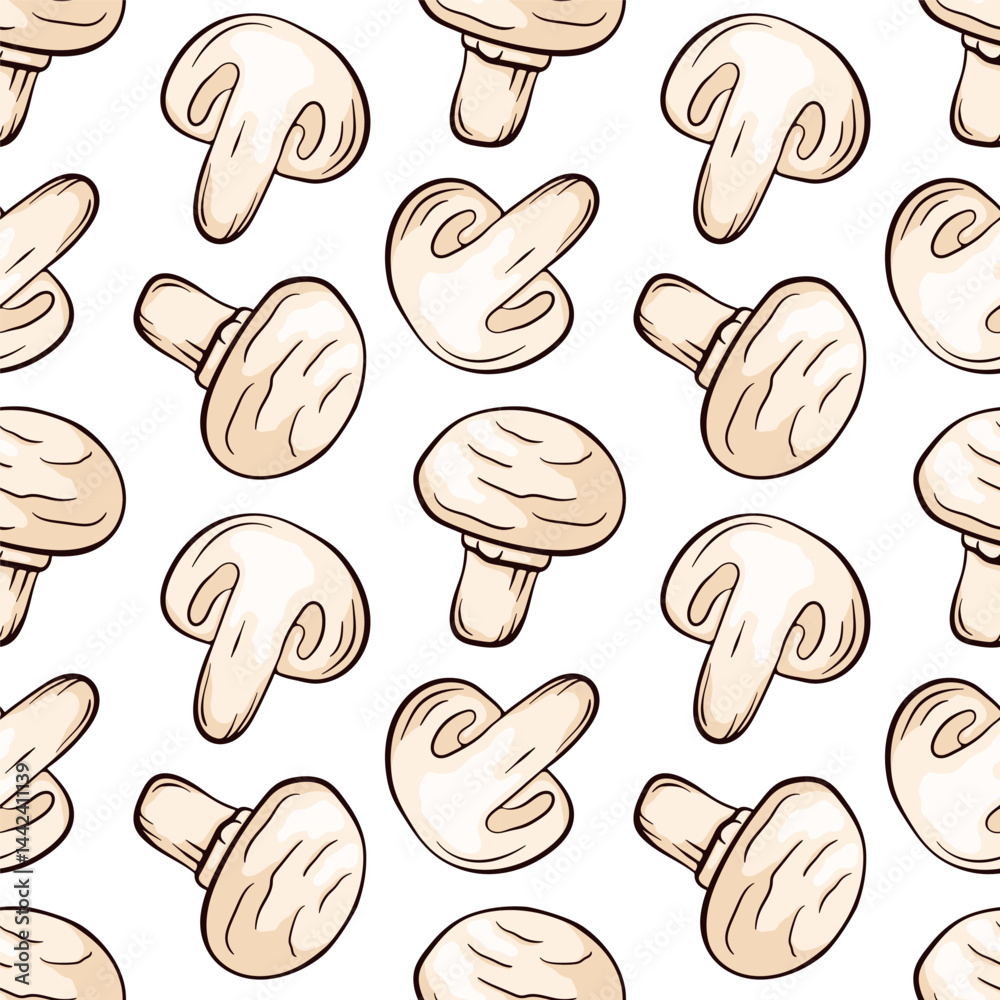 Champignon mushroom seamless pattern in line art, cartoon. Great for menu, label, packaging, recipe. Vector illustration on a white background. Champignon mushroom seamless pattern in line art, cartoon. Great for menu, label, packaging, recipe. Vector illustration on a white background.