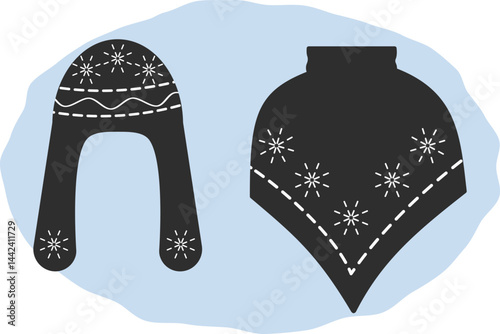 Set Ushanka Winter Hat and Warm Mantle Poncho style with snowflakes pattern and decorative stitches