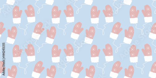 Mittens with snowflakes and fur on string Seamless Pattern in trendy soft pink on blue Winter fond