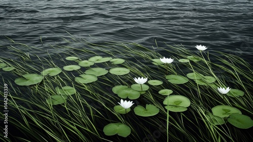 A tranquil scene of a pond with lily pads and water lilies.