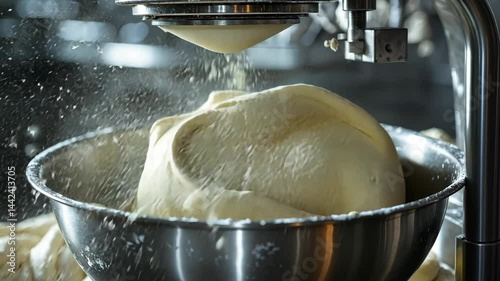 Fresh Dough Being Kneaded in Industrial Mixer with Flying Flour