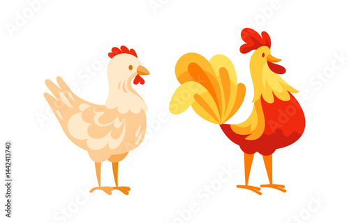 Hen and Rooster standing side by side representing poultry farming
