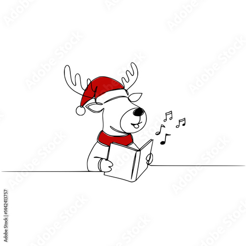 Christmas reindeer singing carols in Santa hat on transparent background  