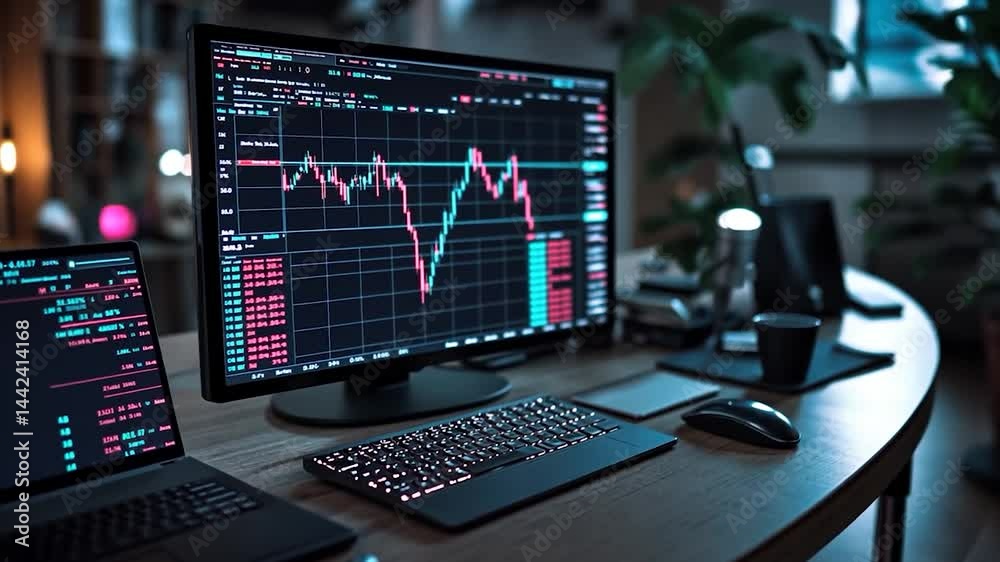 Video of a desktop with multiple screens displaying stock charts in a dark room with neon lighting. Laptop and keyboard present