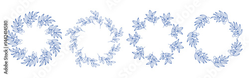 Blue olive branches circle frame set. Circular frames with branches. Hand drawn collection of olive leaves and decorative elements. Perfect for wedding invitations, cards, logo design, and posters