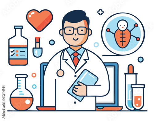 Smiling doctor wearing glasses holds a digital tablet among medical vials and lab equipment