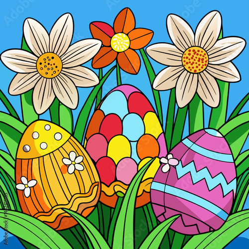 Easter Eggs and Flowers Coloring Page