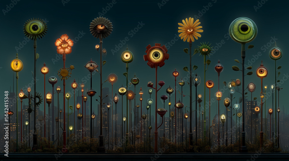 Obraz premium Surreal cityscape with imaginative streetlights shaped like eyes at night