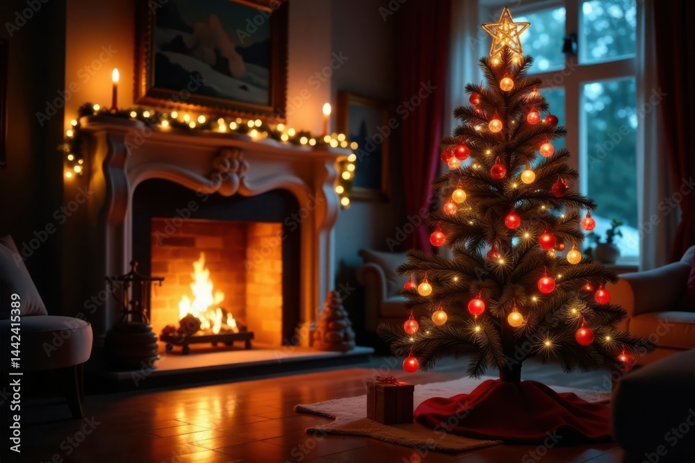 Ornate tree, glowing fireplace, festive lights, background, cozy, fir