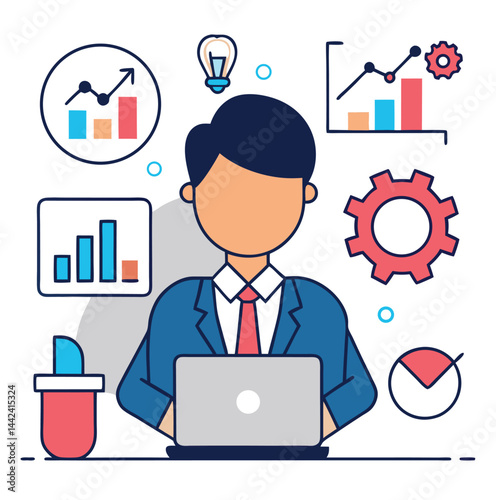 Cartoon businessman analyzes graphs and data on laptop, with lightbulb above him