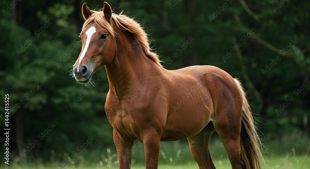 Obraz premium Chestnut Horse Standing in Grassy Field with Dark Green Trees
