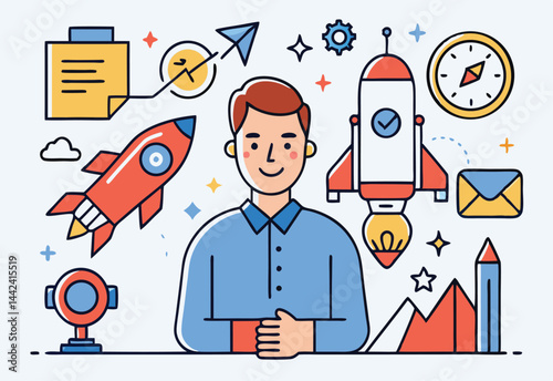 Smiling cartoon man surrounded by rockets, compass, pencil, chart and stars on white
