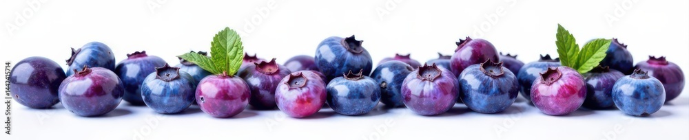 Scattered ripe blueberries, vibrant color, against pure white backdrop , fruit, food
