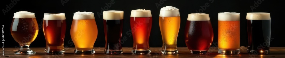 Several beer styles showcased in individual glasses, black backdrop, different, high resolution, beverage
