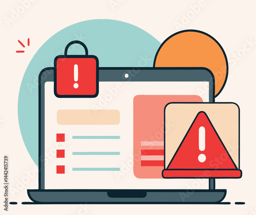 A red padlock with an exclamation point sits atop a laptop with warning triangle