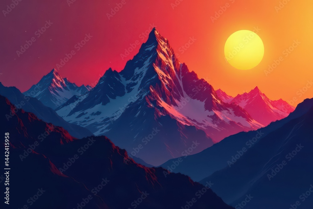 Sharp peaks, black sun, dramatic vector mountain scene , dramatic, dark aesthetic, scenery