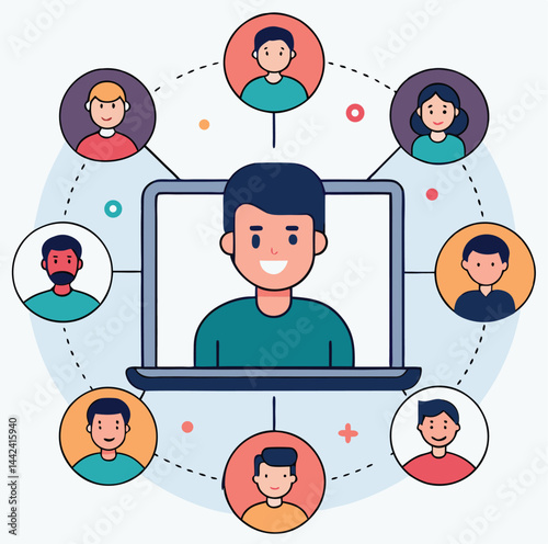 Cartoon diverse people connected around laptop show collaboration and teamwork on light background