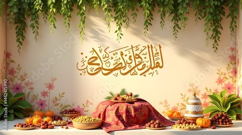 /imagine: A freshly painted wall with Eid Mubarak calligraphy and flower garlands hanging above a qurbani setup --ar 3:2 --v 4