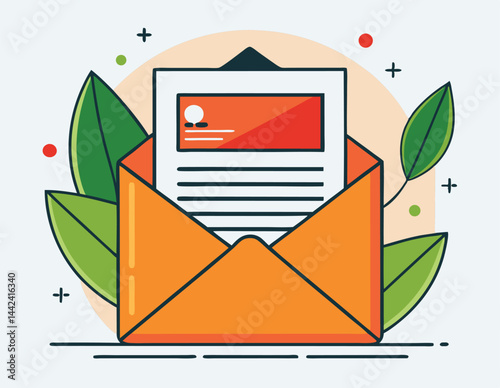 An open orange envelope reveals a letter with leaves around it, isolated