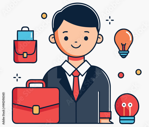 Asian businessman in dark suit stands with briefcases and lightbulbs emitting creative sparks
