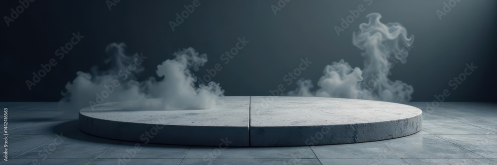 Textured concrete platform, swirling smoke, deep shadows, product, ambient, empty