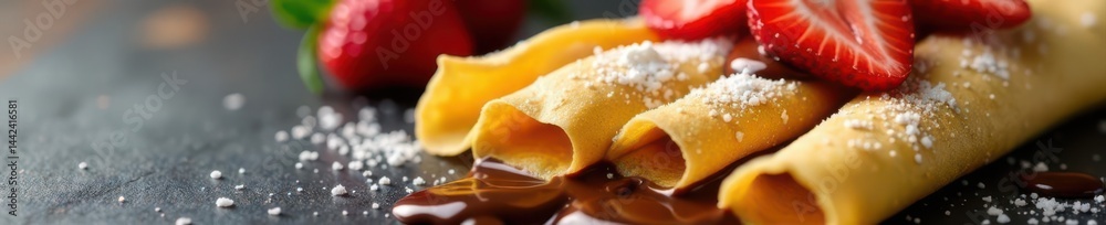 Thin crepes, sliced strawberries, melted chocolate , red, macro, vegetarian