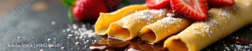Obraz na płótnie Thin crepes, sliced strawberries, melted chocolate , red, macro, vegetarian w salonie