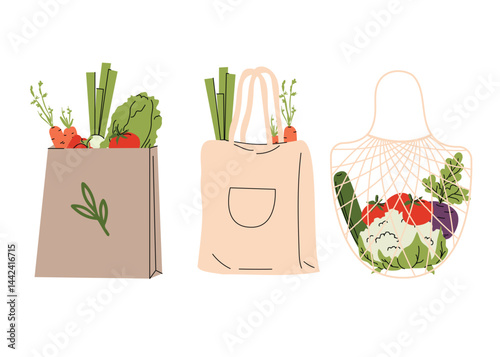 Illustration of three eco friendly shopping bags filled with fresh vegetables. Minimalist flat style perfect for promoting zero waste, farmers markets, or healthy living. Vector illustration