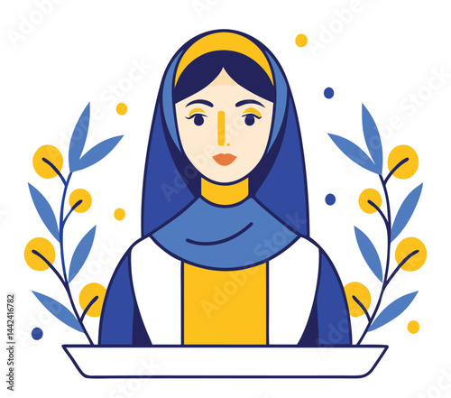 Illustrated woman wearing headscarf stands framed by blue leaves and yellow fruit
