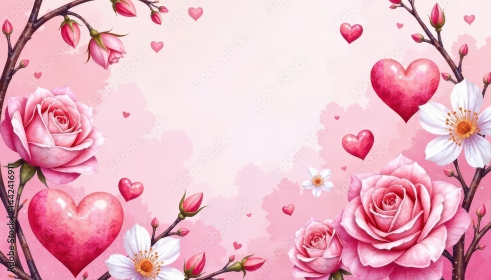 Watercolor hearts, roses & blossoms; blush pink background, pastel, roses