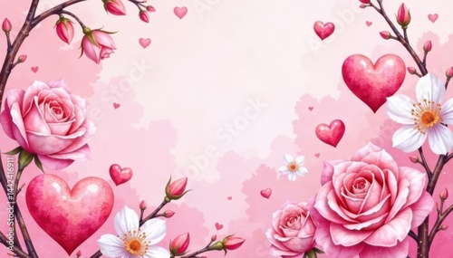 Obraz na płótnie Watercolor hearts, roses & blossoms; blush pink background, pastel, roses w salonie