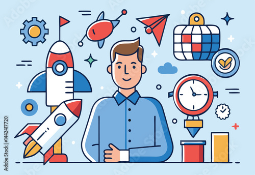 A Caucasian man stands among colorful rockets, spaceships, and icons on a light blue backdrop