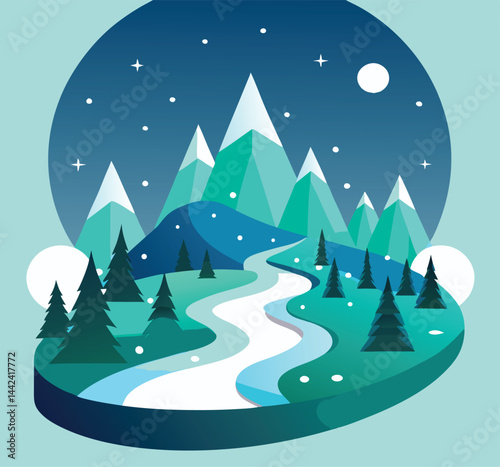 Snowcapped mountains and evergreen trees decorate the winter landscape beneath a celestial night scene