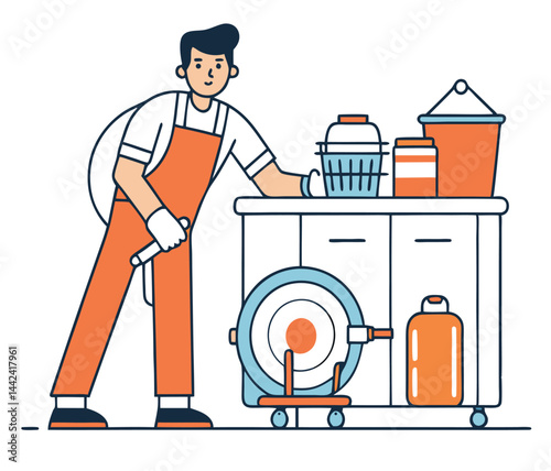 Young male cleaner in orange overalls leans on cabinet with cleaning supplies