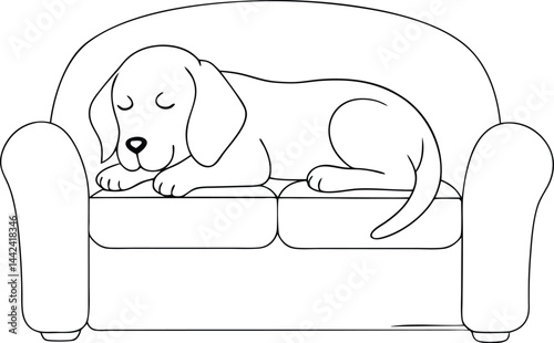 Adorable sleeping dog outline vector illustration on cozy couch, perfect for pet-themed crafts, coloring pages, dog lover designs, cozy home art, SVG files for Cricut, or peaceful animal artwork.

