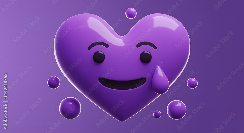 Purple Heart with Smiling Face and Tear on Purple Background Purple Heart with Smiling Face and Tear on Purple Background