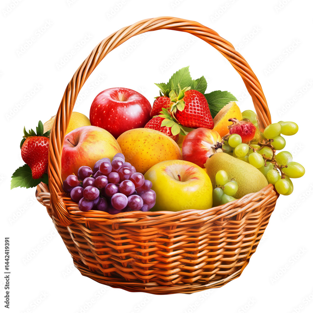 A basket filled with fresh fruits, such as apples, strawberries, and grapes, isolated on a transparent background A basket filled with fresh fruits, such as apples, strawberries, and grapes, isolated on a transparent background