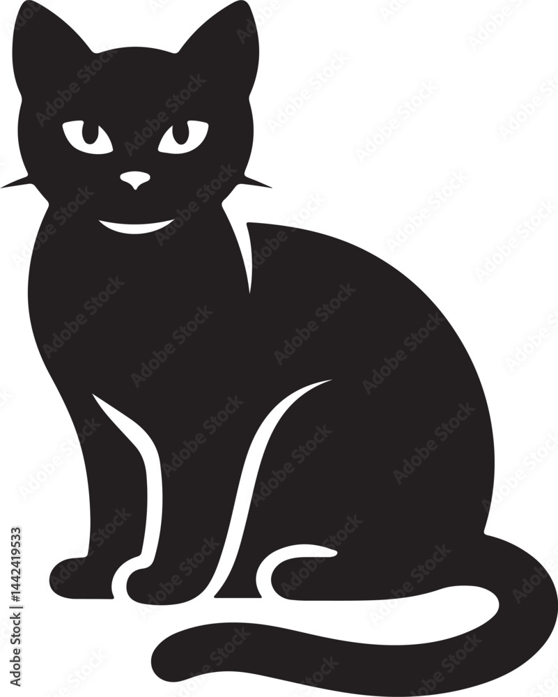 Obraz premium Black Silhouette of a Sitting Cat Isolated on White