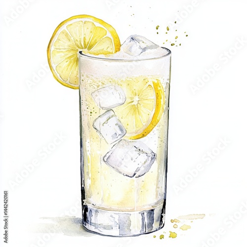Gin fizz cocktail with lemon slice and ice cubes in a tall highball glass. Watercolor illustration isolated on white background. Classic gin-based drink. Summer citrus cocktail concept