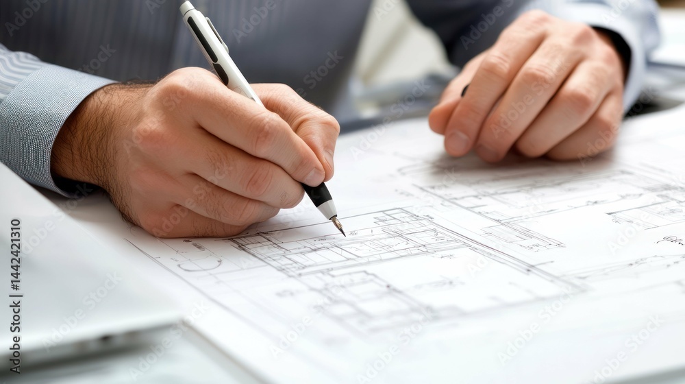Architect working on blueprints for construction using pen in his hand Architect working on blueprints for construction using pen in his hand