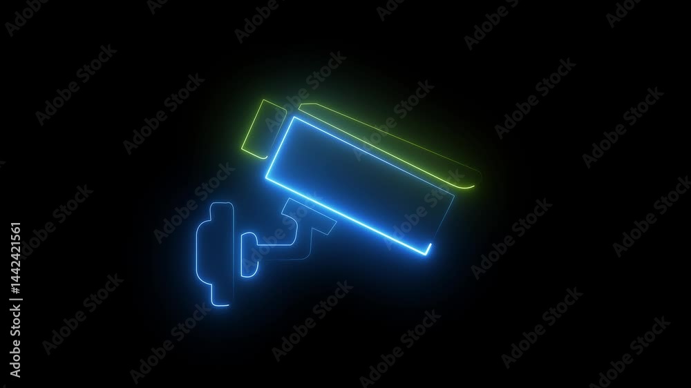 Animated neon cc camera icon. cctv camera motion graphics. glowing Security camera icon.