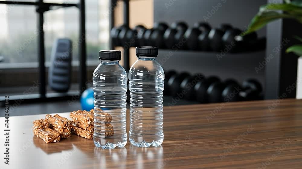 Two water bottles and snacks on a wood table in a gym with weights and plants in the background. Healthy lifestyle and fitness concept