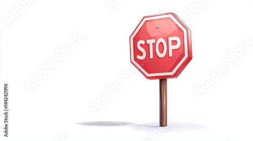 Flat Design Red Stop Sign on Wooden Post Against White Background photo